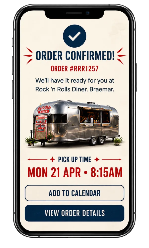 Rock N Rolls order confirmation and pickup time on mobile