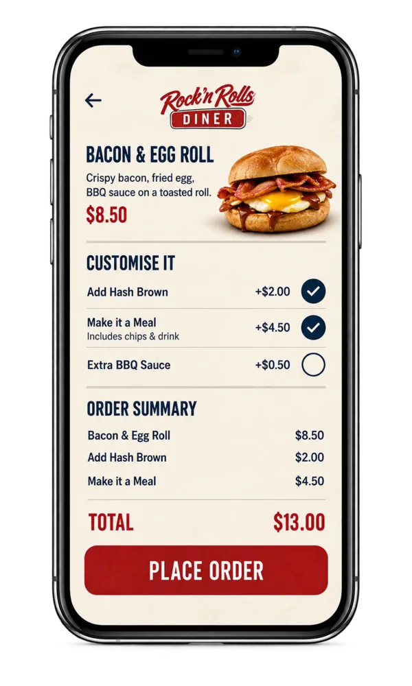 Rock N Rolls mobile ordering screen showing food customisation