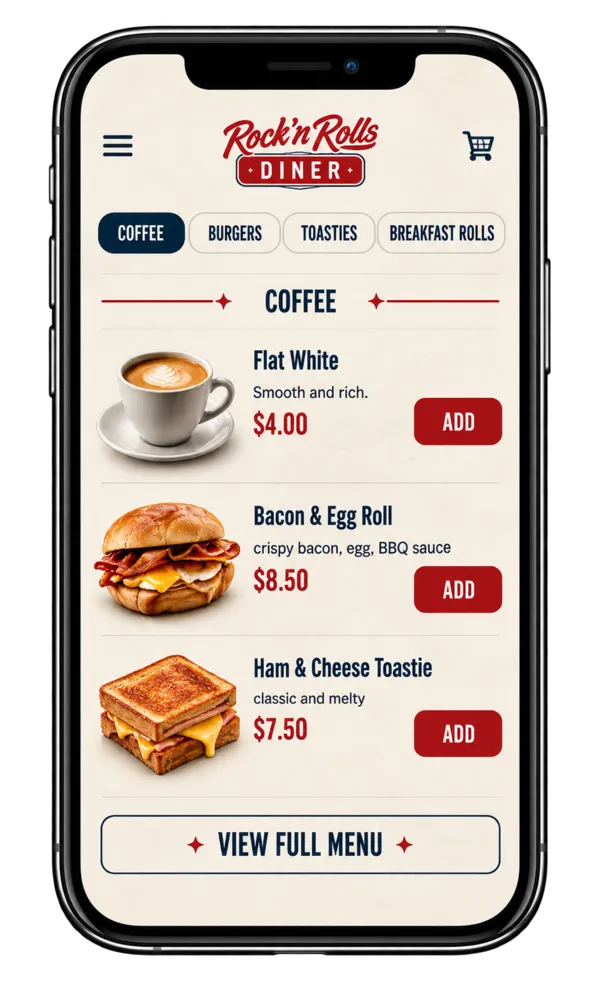Rock N Rolls online menu displayed on a mobile phone